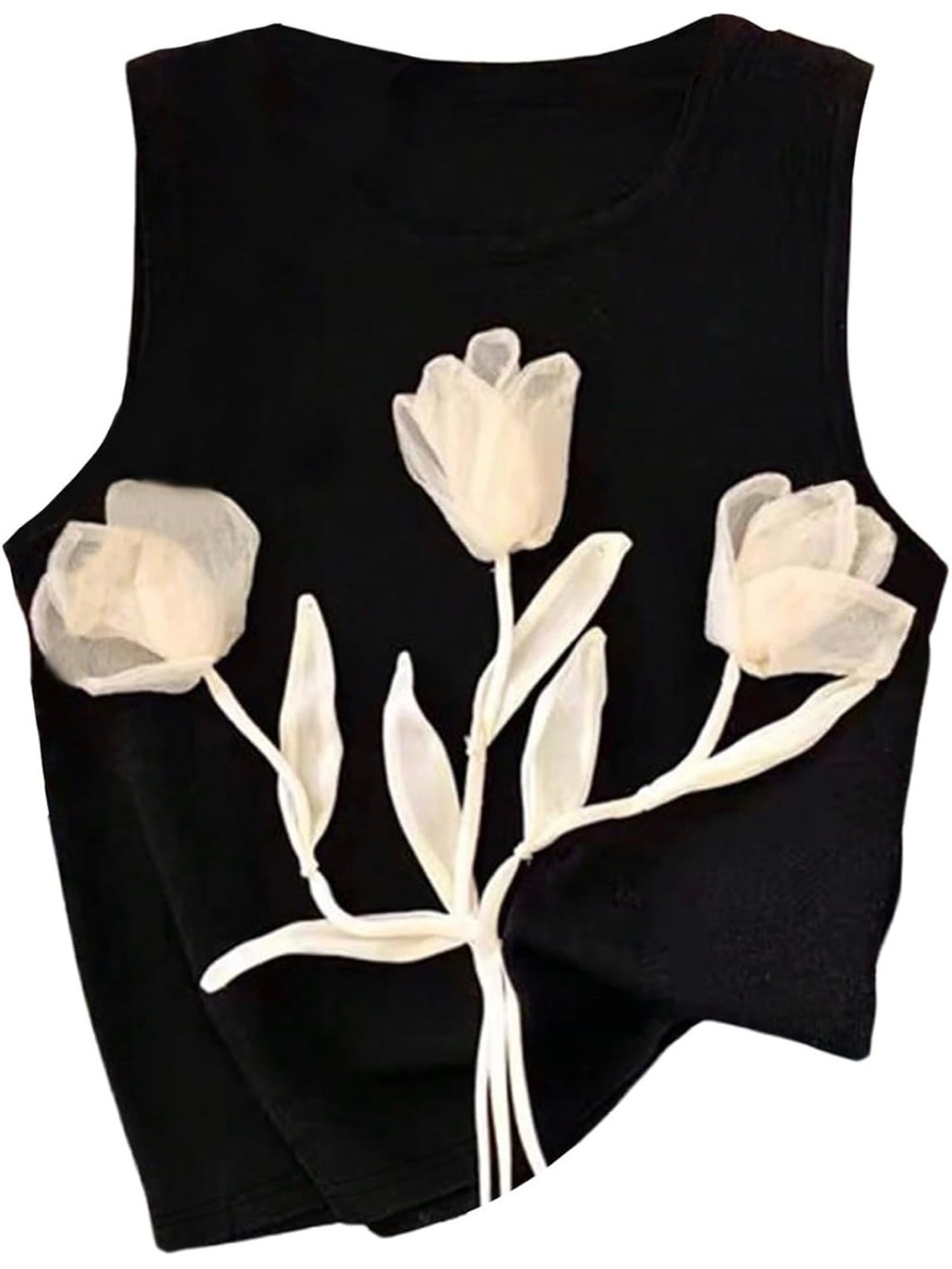 Black Sleeveless Tank Top with White 3D Floral Appliqué